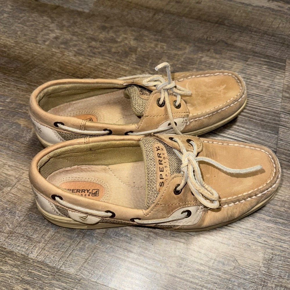 Sperry Top-Sider Bluefish 2-Eye Boat Shoes Womens 7.5 M Tan Linen Oat Leather - Picture 6 of 9